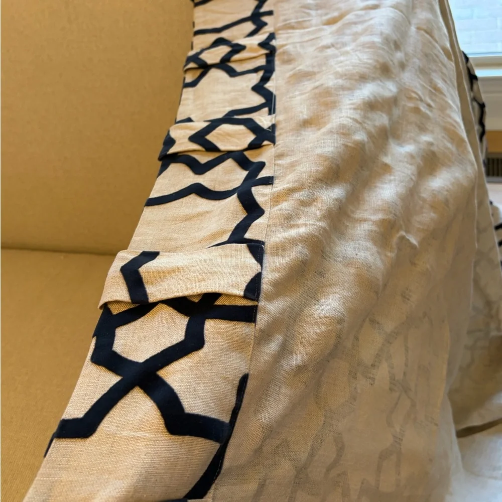 West Elm Geometic Star Pattern curtains (2 panels) in tan & navy. like new.